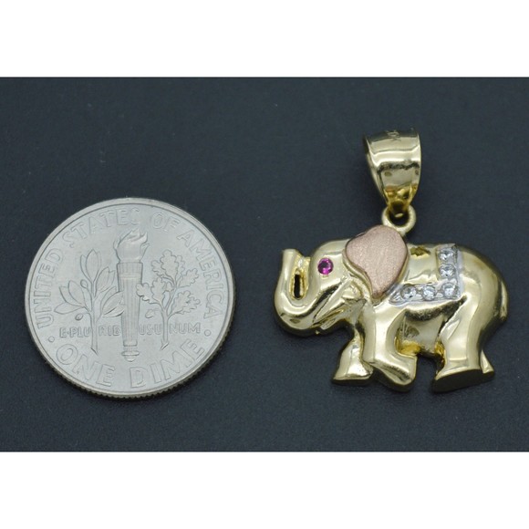Real 10K Solid Tri-Color Gold Shiny Pink Eyes Elephant CZ Charm Pendant 2.7grams - Picture 4 of 8